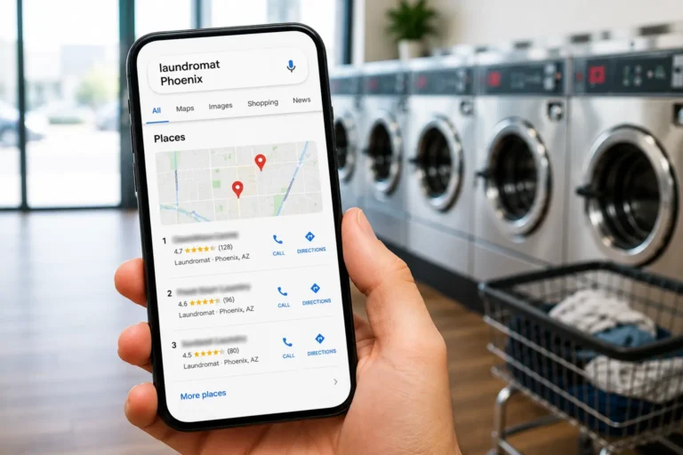 A photo from a laundromat showing a mobile phone with Google Maps on it.