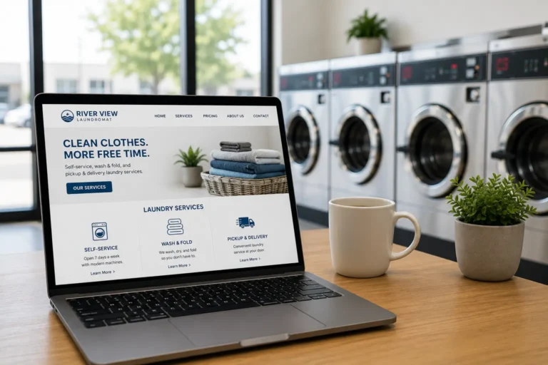 Laptop displaying a laundromat website inside a modern laundromat, representing content marketing, SEO, and website optimization for laundromat owners.