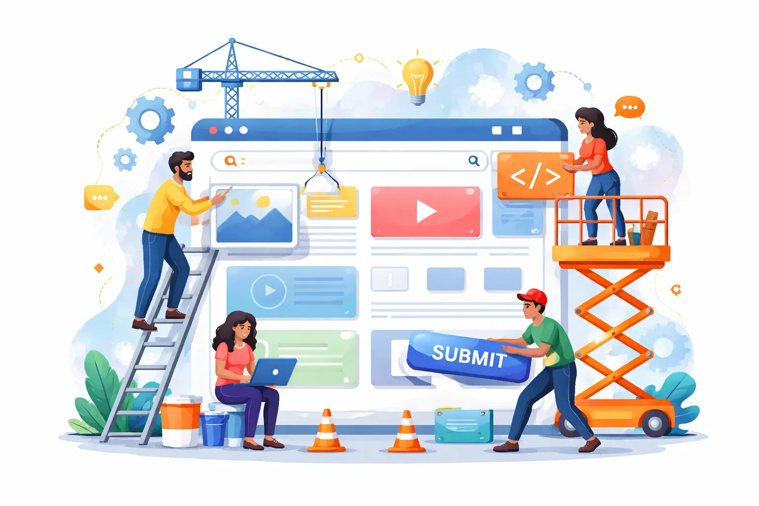 Illustration of a team building a modern website, representing professional website design for laundromats.