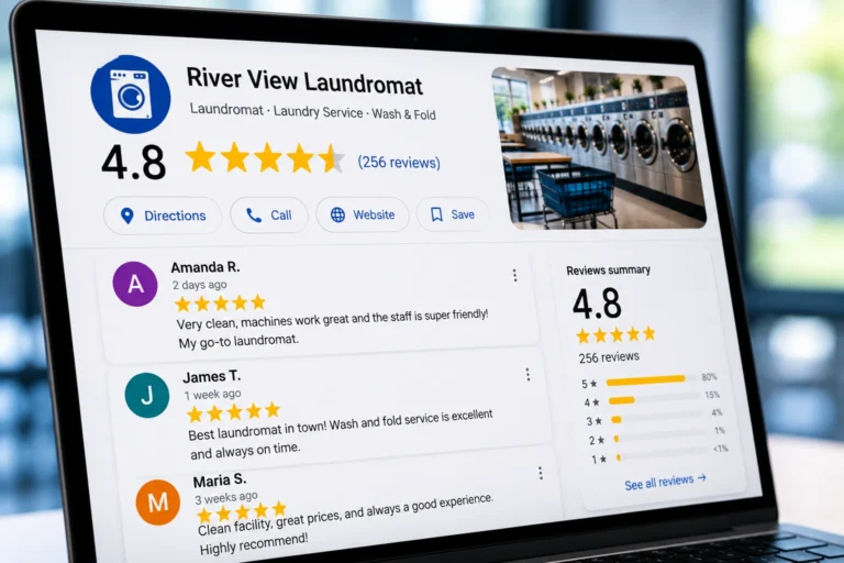 Laptop displaying positive Google reviews for a laundromat, highlighting the importance of customer reviews for Google Maps rankings, local SEO, and online visibility.